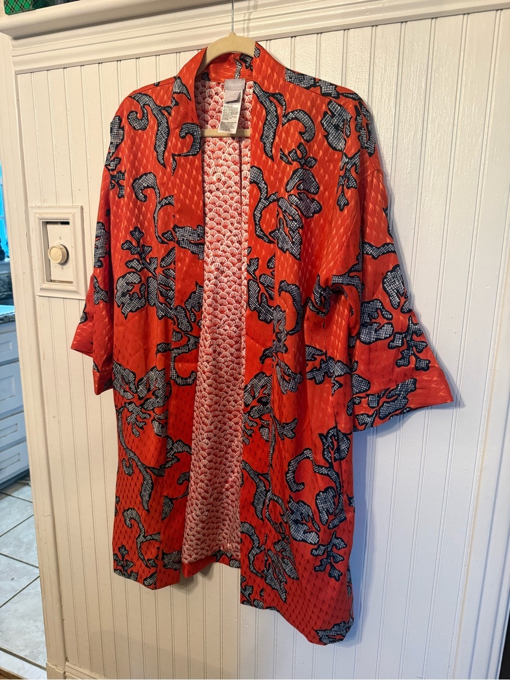 Chicos Orient Bliss Jacquard Kimono Duster Jacket 3/4 sleeve Small
